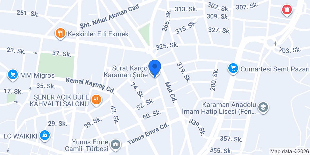 Sürat Kargo Karaman Şube konumu