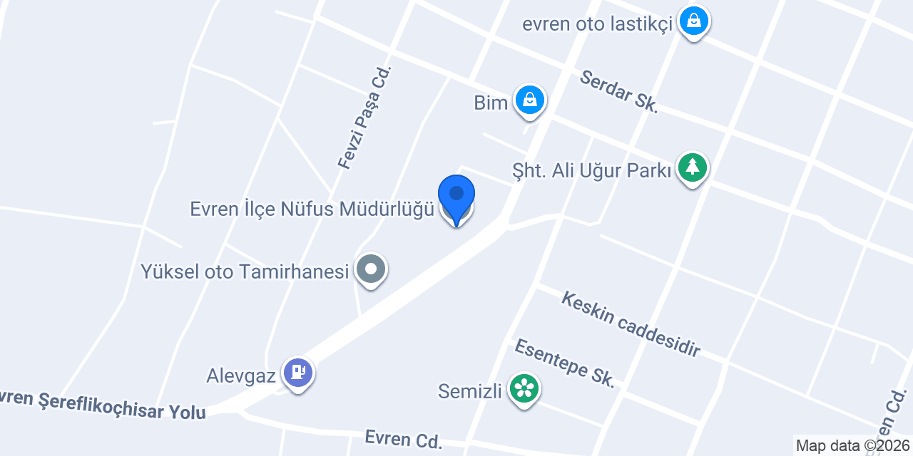 Evren İlçe Nüfus Müdürlüğü konumu